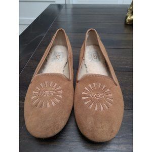 WOMEN’S LEATHET UGG FLATS SLIPPERS SHOES, SHERPA LINING, SIZE: 8